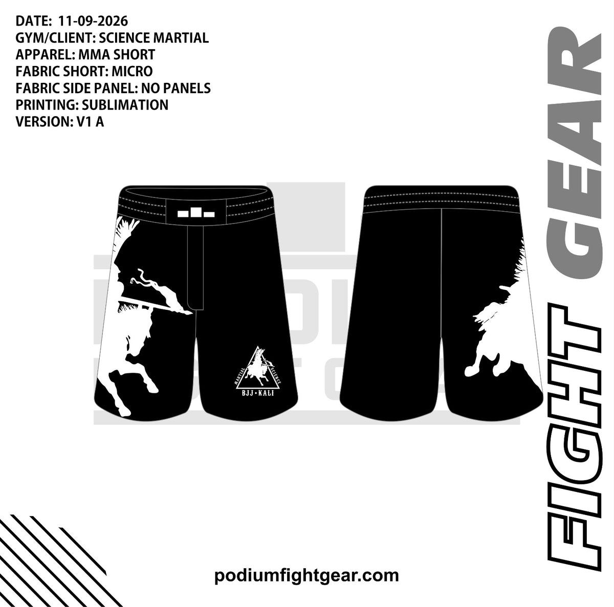Martial Science white MMA Shorts approved front and back mockup
