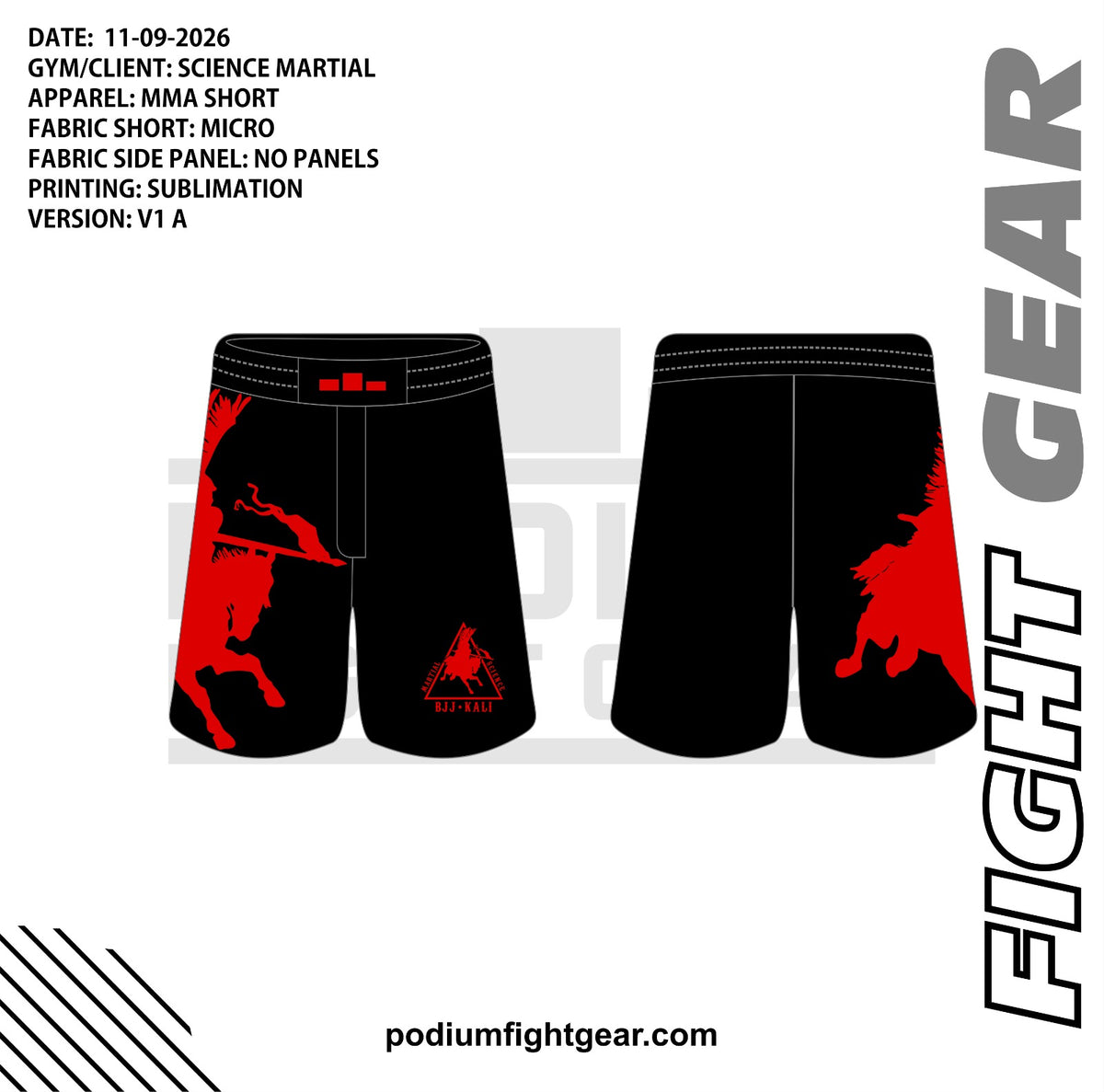 Martial Science red MMA Shorts approved front and back mockup