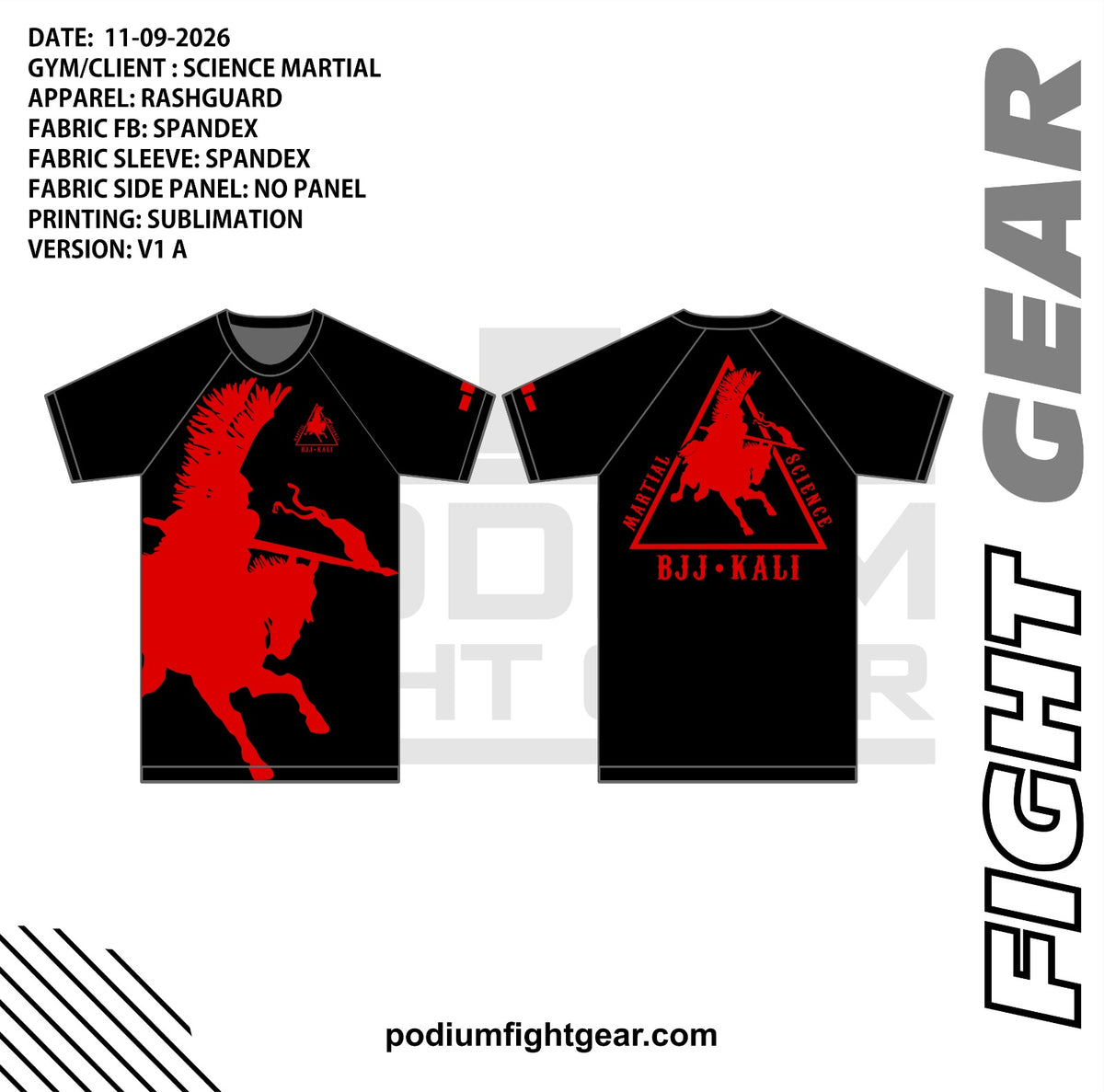 Martial Science red Short Sleeve Rashguard approved front and back mockup