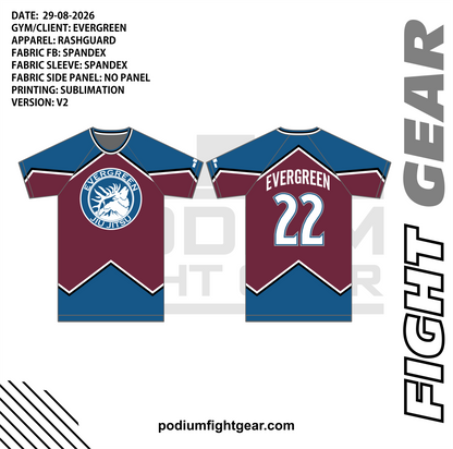Evergreen Jiu Jitsu Avalanche rashguard in burgundy and blue, front and back artwork