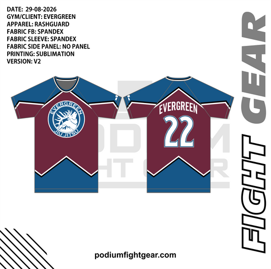 Evergreen Jiu Jitsu Avalanche rashguard in burgundy and blue, front and back artwork