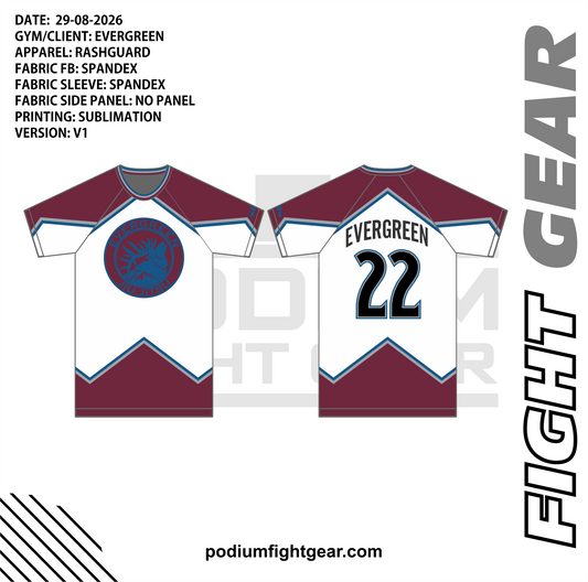 Evergreen Jiu Jitsu white rashguard with burgundy and blue details, front and back artwork