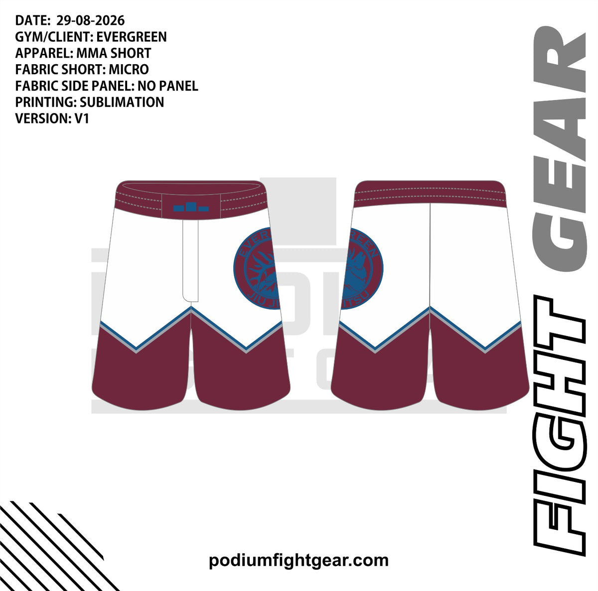 Evergreen Jiu Jitsu white and burgundy shorts, front and back artwork