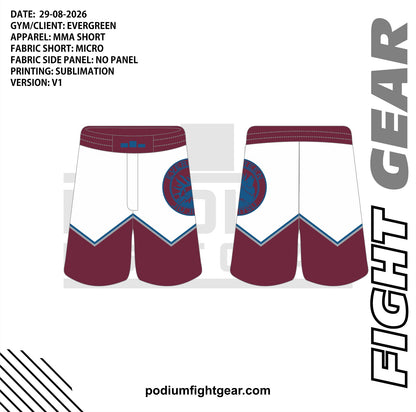 Evergreen Jiu Jitsu white and burgundy shorts, front and back artwork
