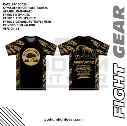 Northwest Kansas Jiu Jitsu black and gold rash guard