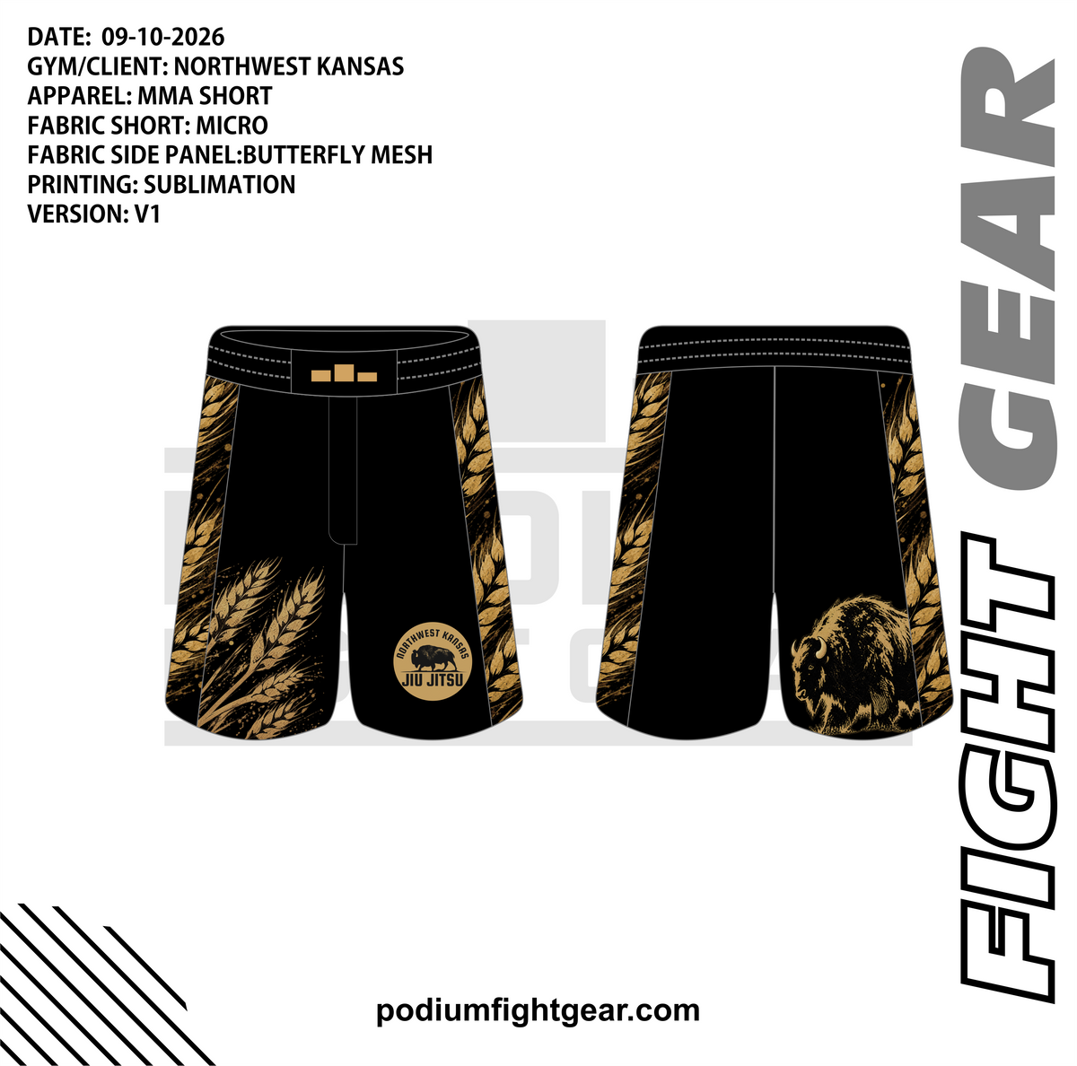 Northwest Kansas Jiu Jitsu black and gold shorts